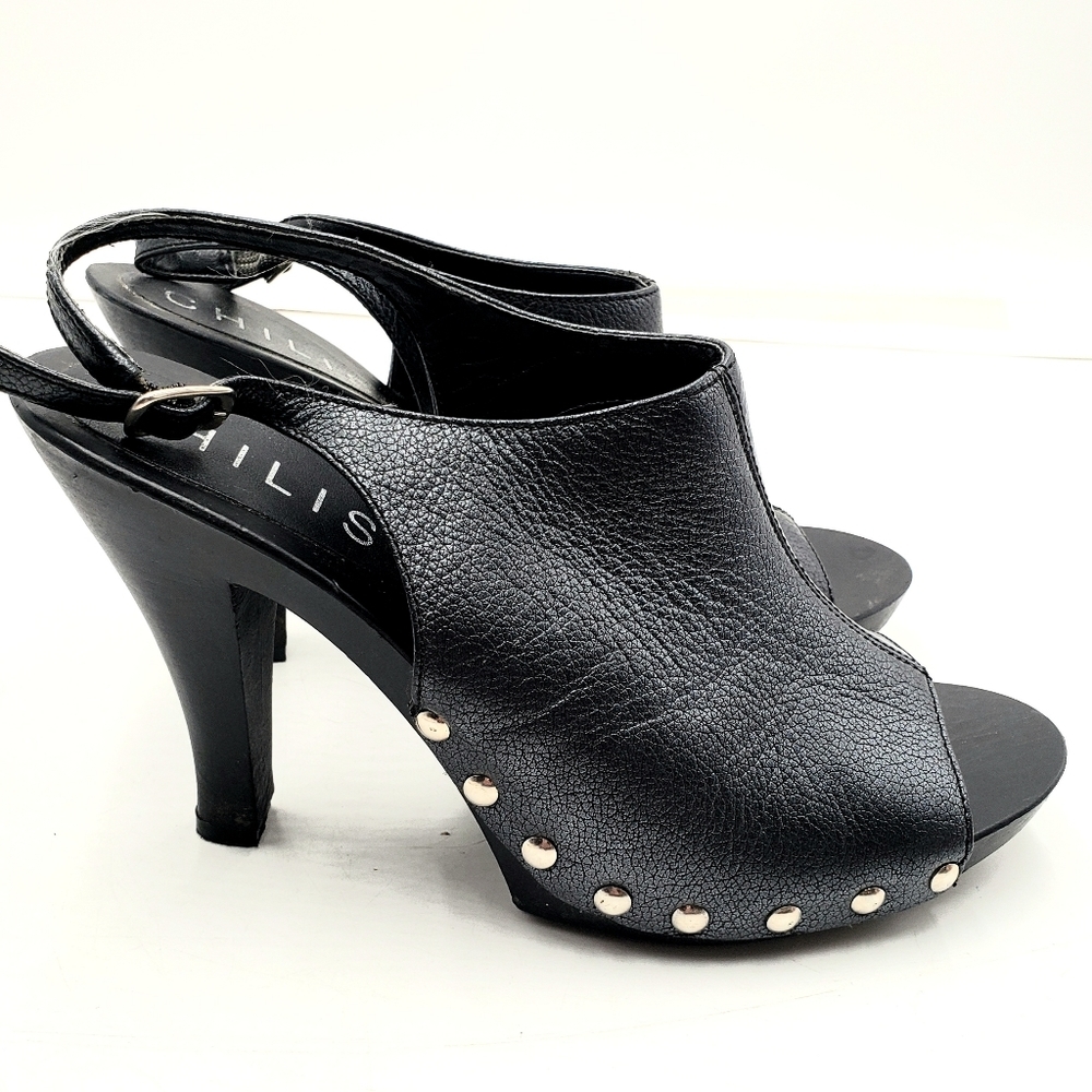 Chilis Leger Studded Peep Toe Heels Womens 9.5 Black Buckle Sling Back 4 Inch - Picture 3 of 8